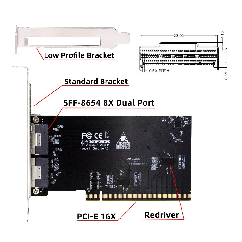PCIe 4.0/5.0 X16 to 2 SlimSAS SFF-8654 8i Expansion Card with Redriver Chipset