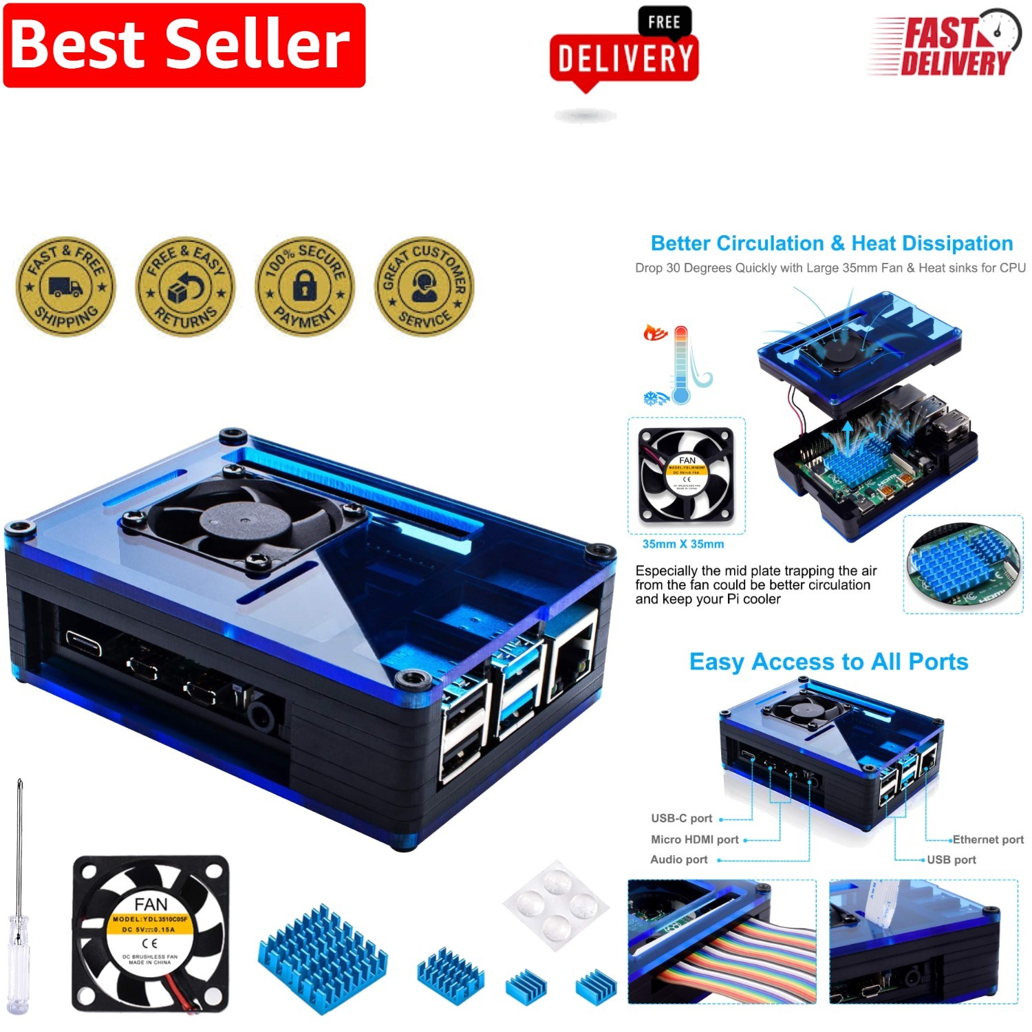 Raspberry Pi 4 Case with Cooling Fan & Heatsinks - Elegant Black/Blue Design