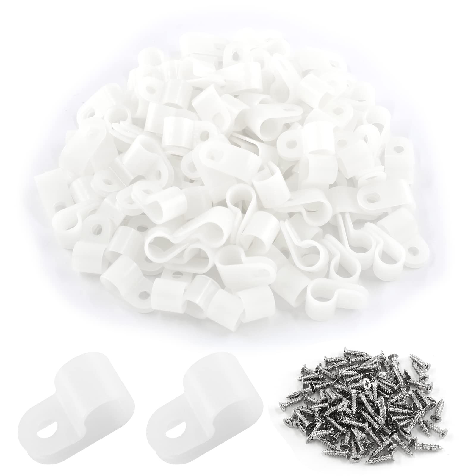 100 Pack RType White Wire Clamp, 3/8 Inch Nylon Clip Cable Fastener Wire Clam...