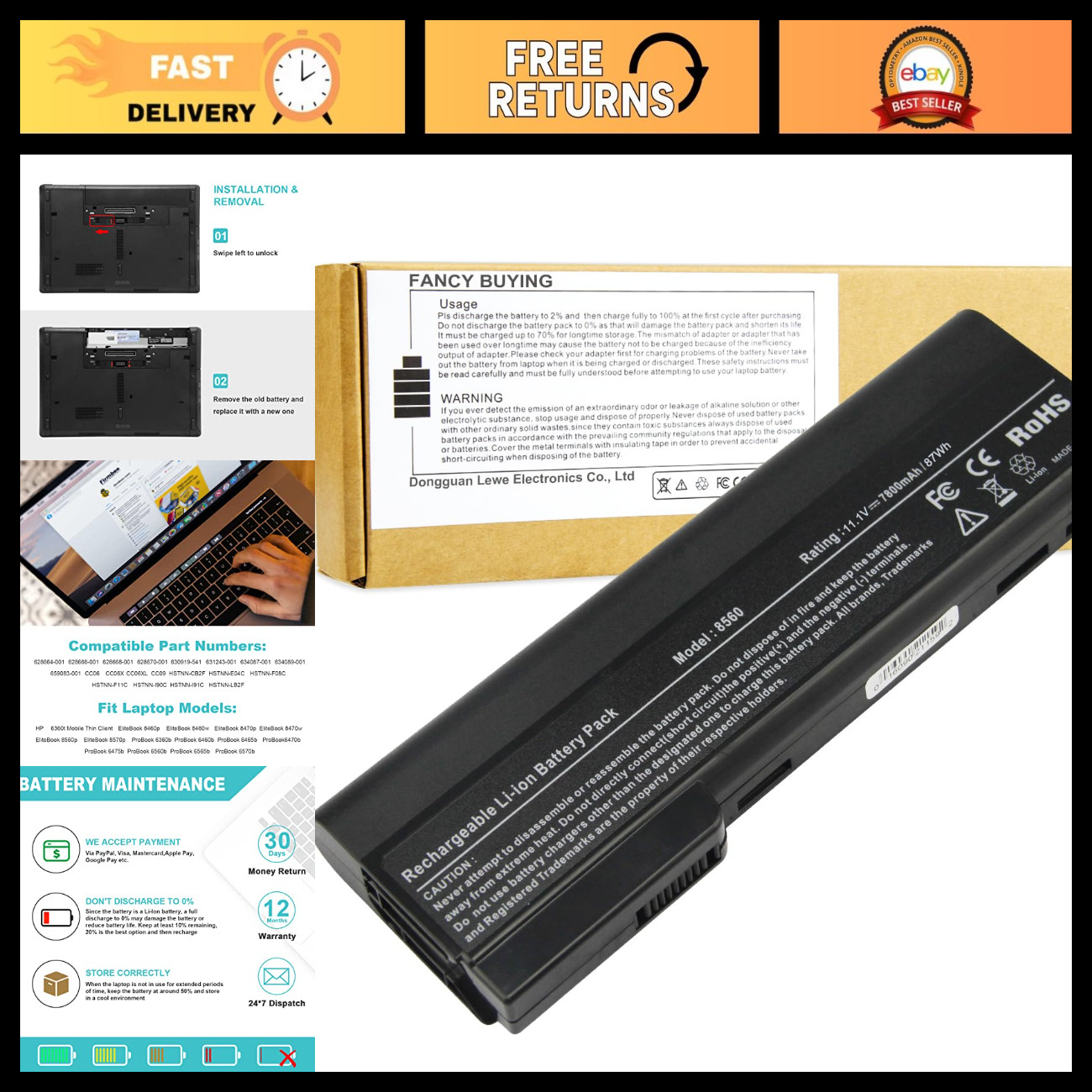 High-Performance 9-Cell 87Wh Laptop Battery for EliteBook & ProBook Models