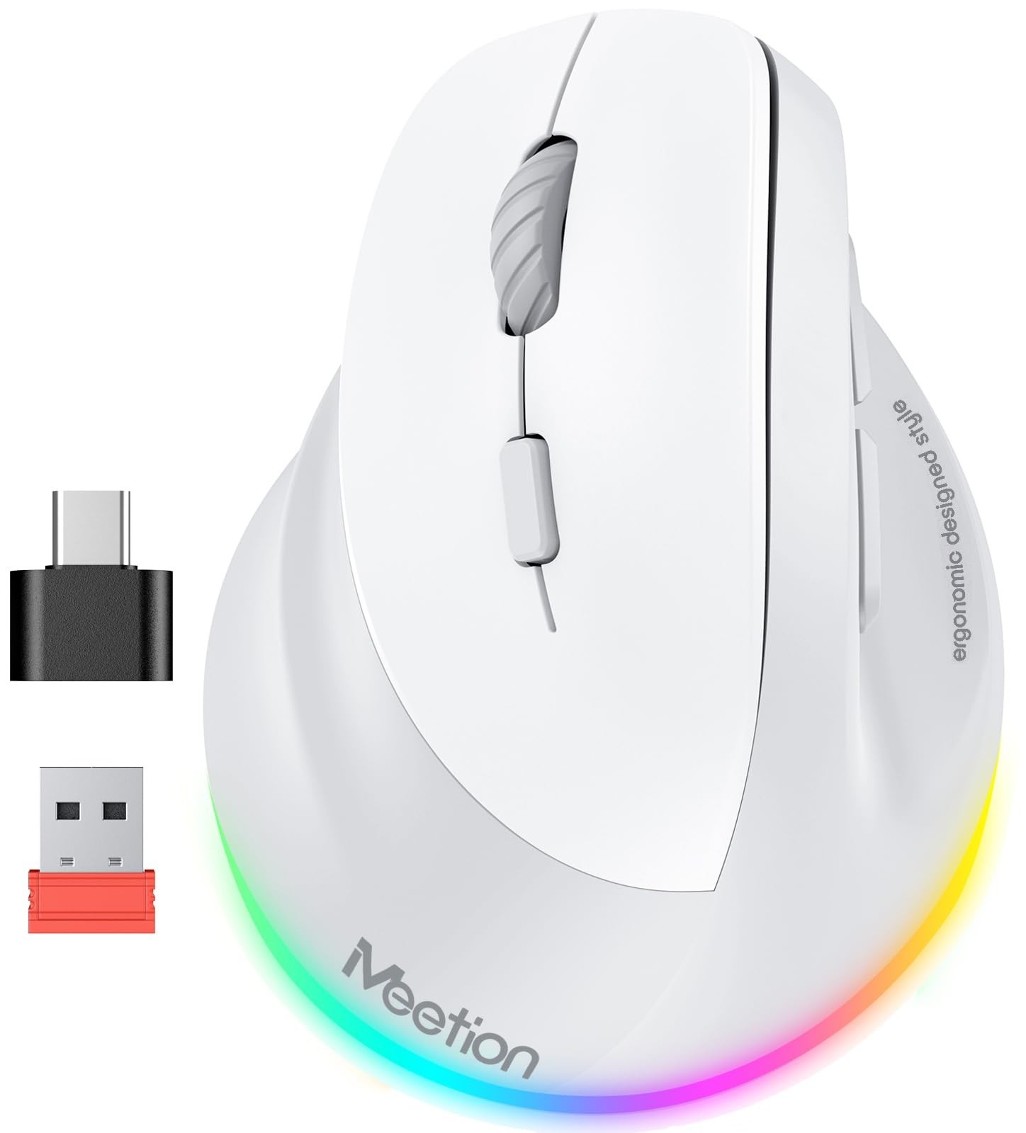 MEETION Left-Handed Ergonomic Wireless Vertical Mouse RGB BT & USB-C Gray