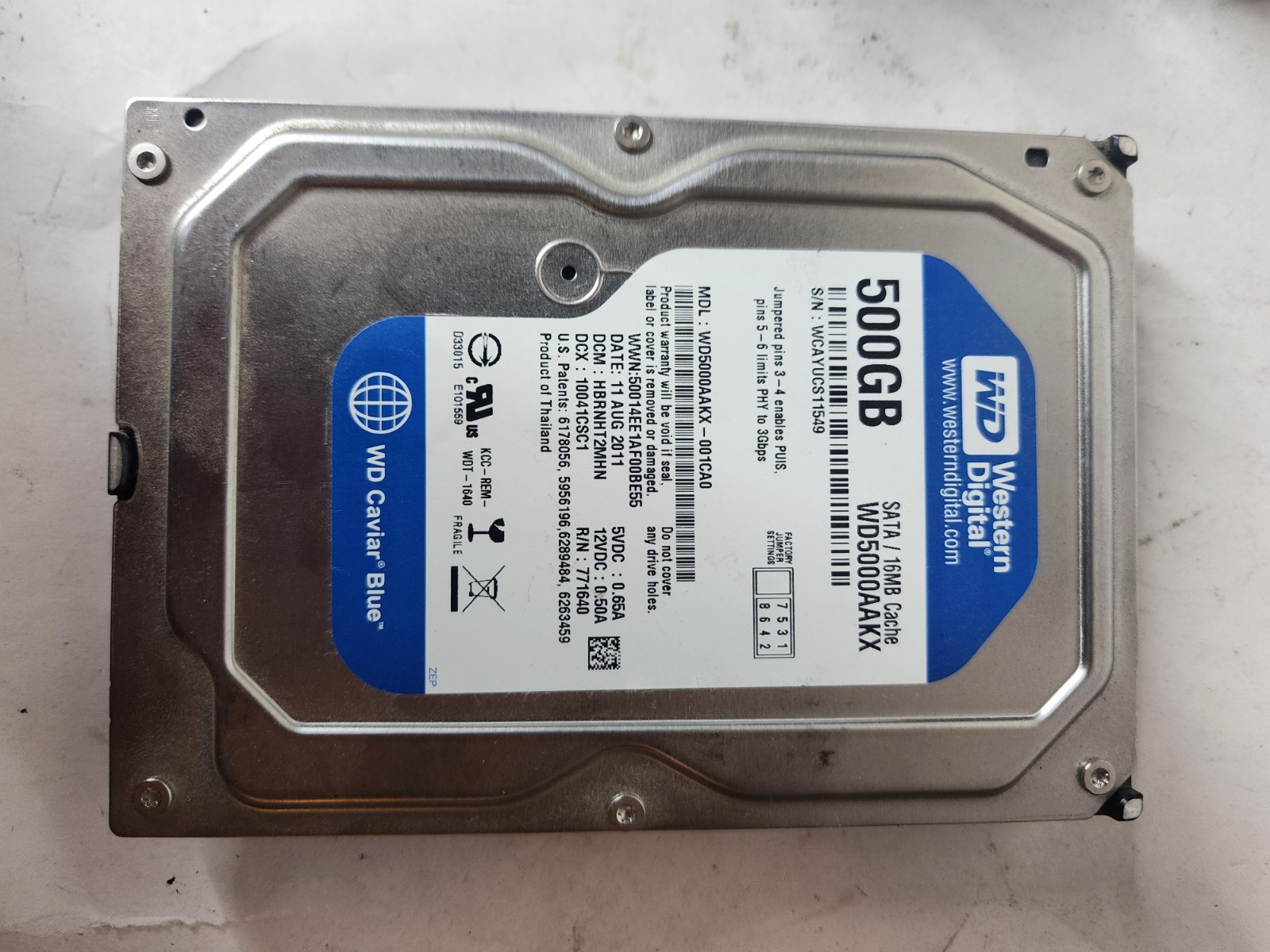 Western Digital WD5000AAKX-001CA0 500GB Sata Hard Drive DCM: HBRNHT2MHN