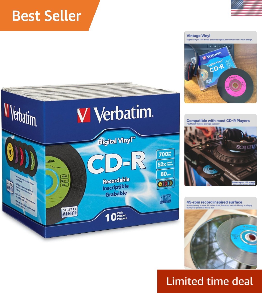 Assorted 10-Count CD-R Blank Discs 700MB with Retro Digital Vinyl Surface