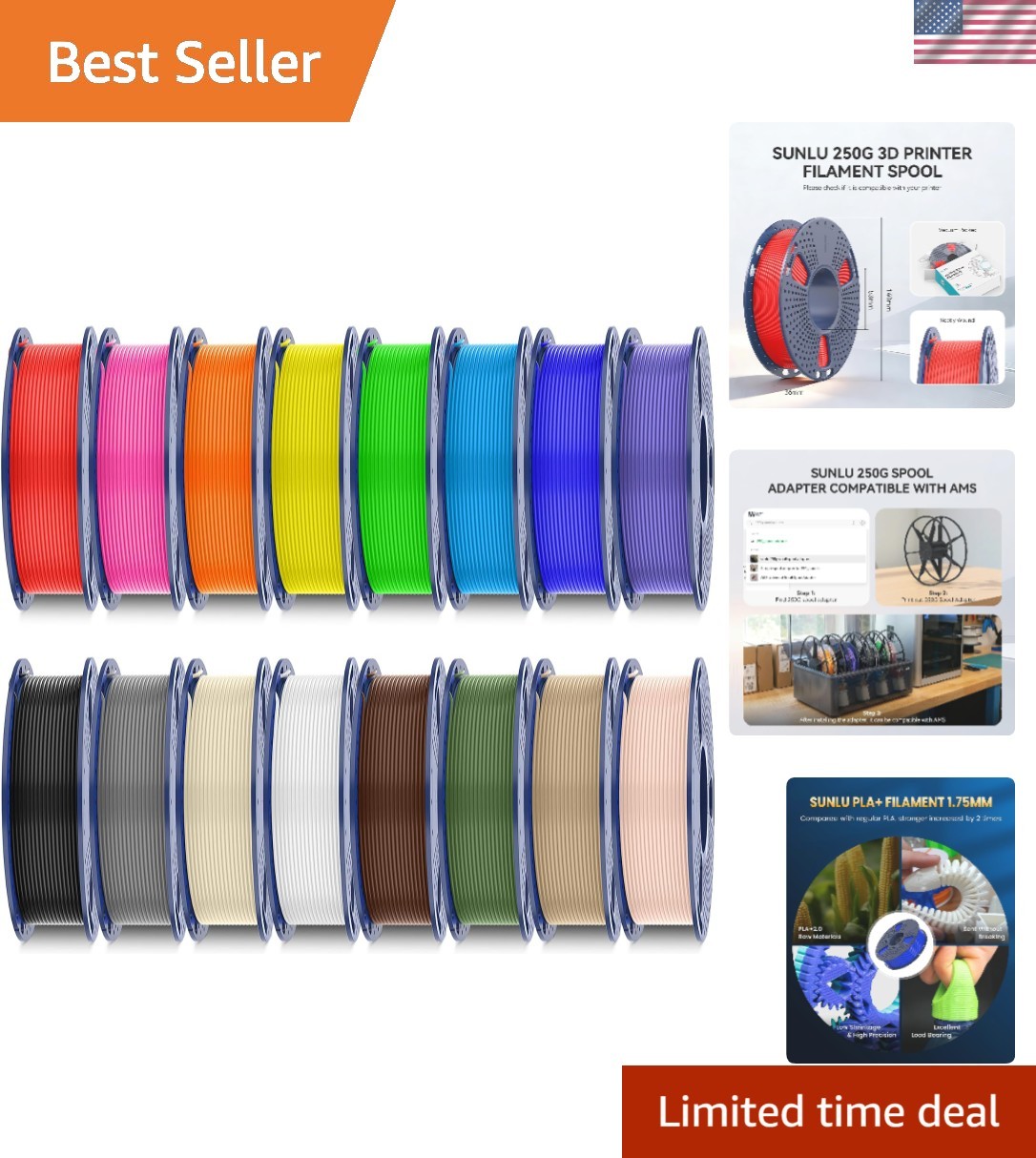 PLA+2.0 3D Printer Filament, Multicolor Bundle, 16 Colors