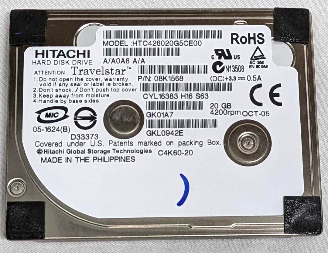 Hitachi Travelstar HTC426020G5CE00 20GB Hard Disk Drive 4200RPM HDD P/N: 08K1568