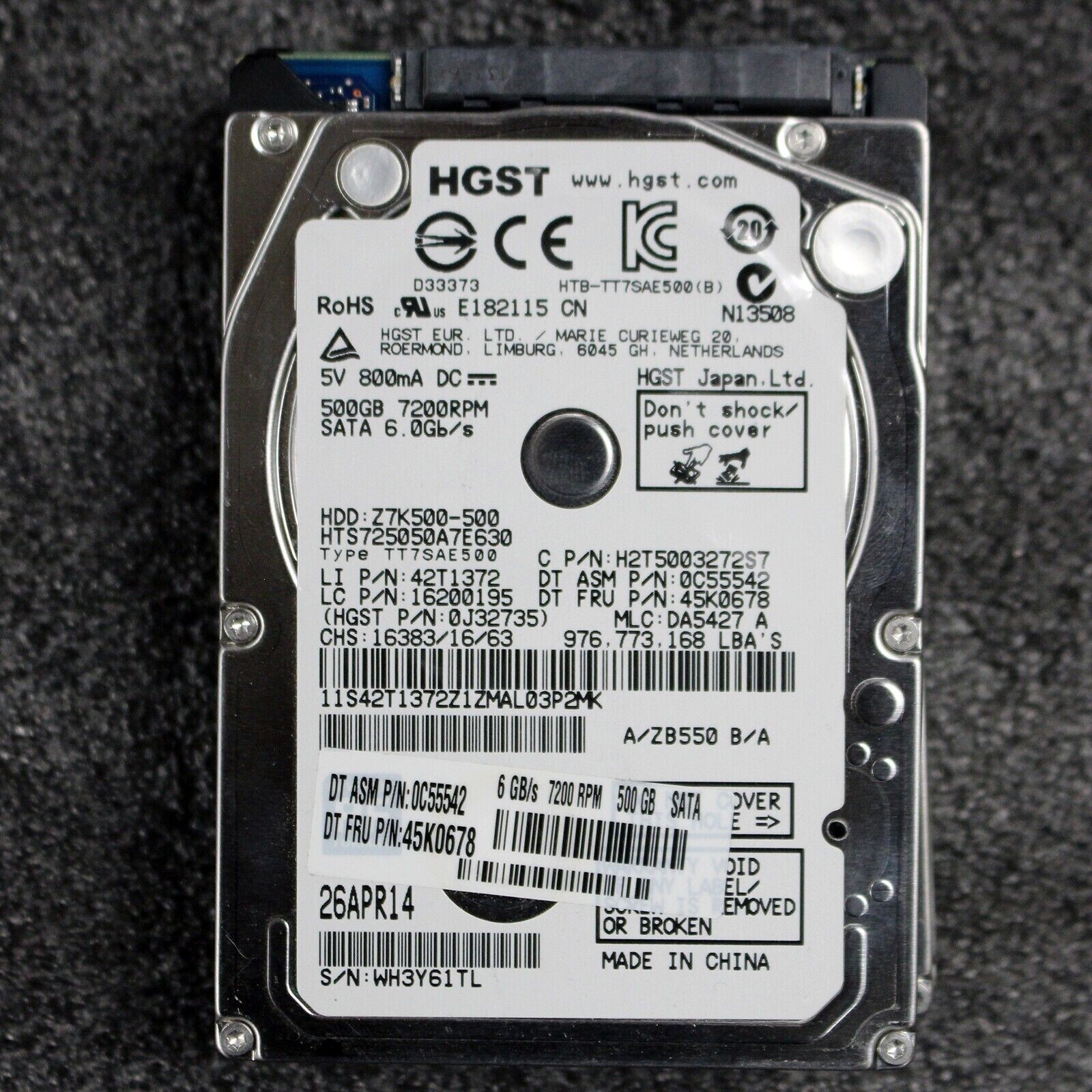 HGST Travelstar Lenovo 500GB SATA HDD 6Gb/s 32MB 7200RPM 2.5” 45K0678 Z7K500-500