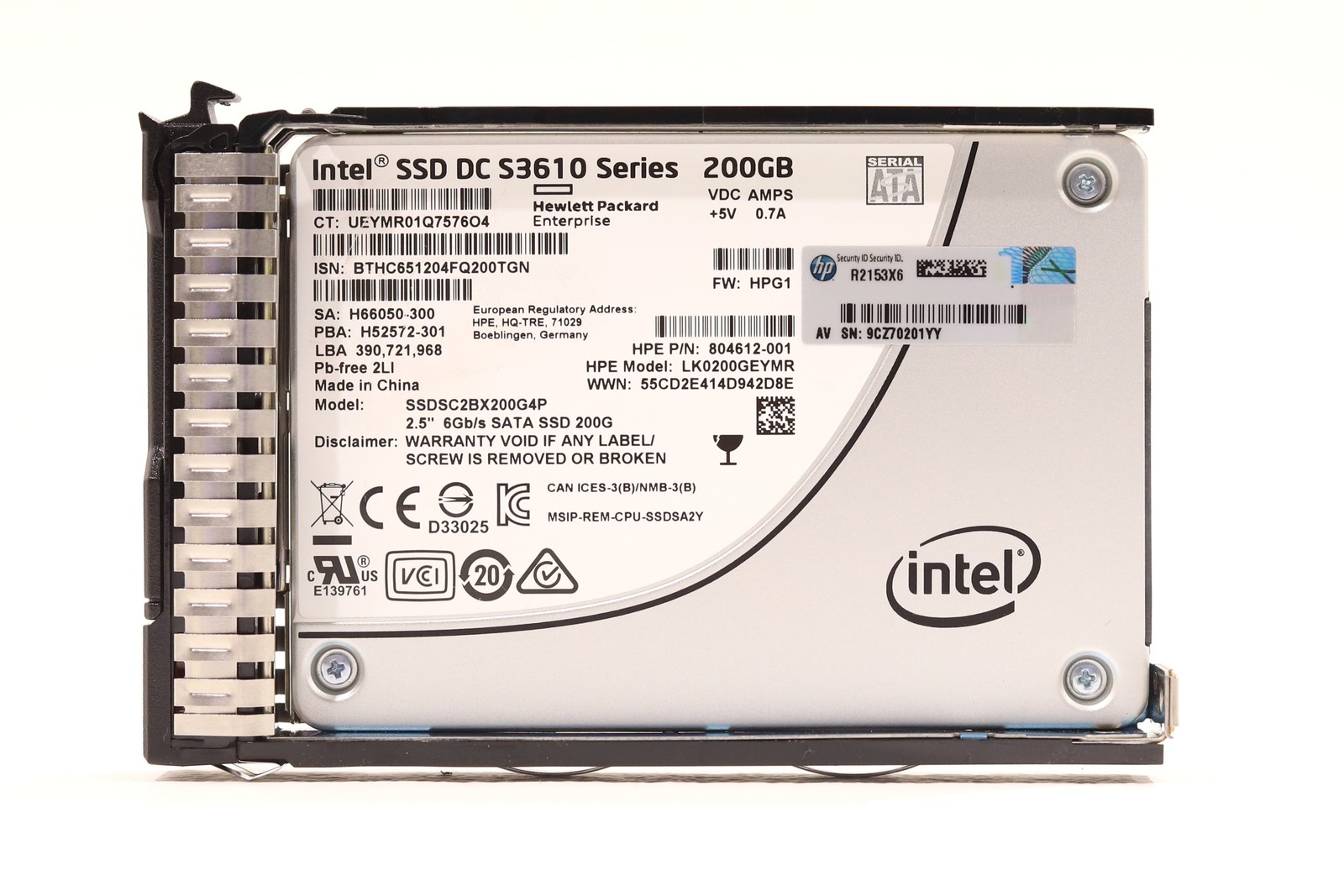 HPE SSDSC2BX200G4P 200GB 2.5" 6Gb/s MU MLC SATA SSD W/Caddy P/N: 804612-00