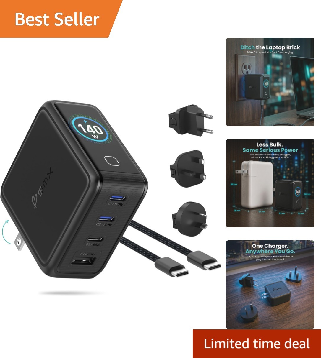 All-in-One 140W USB-C GaN Travel Charger: 4 Ports & Adapters Included