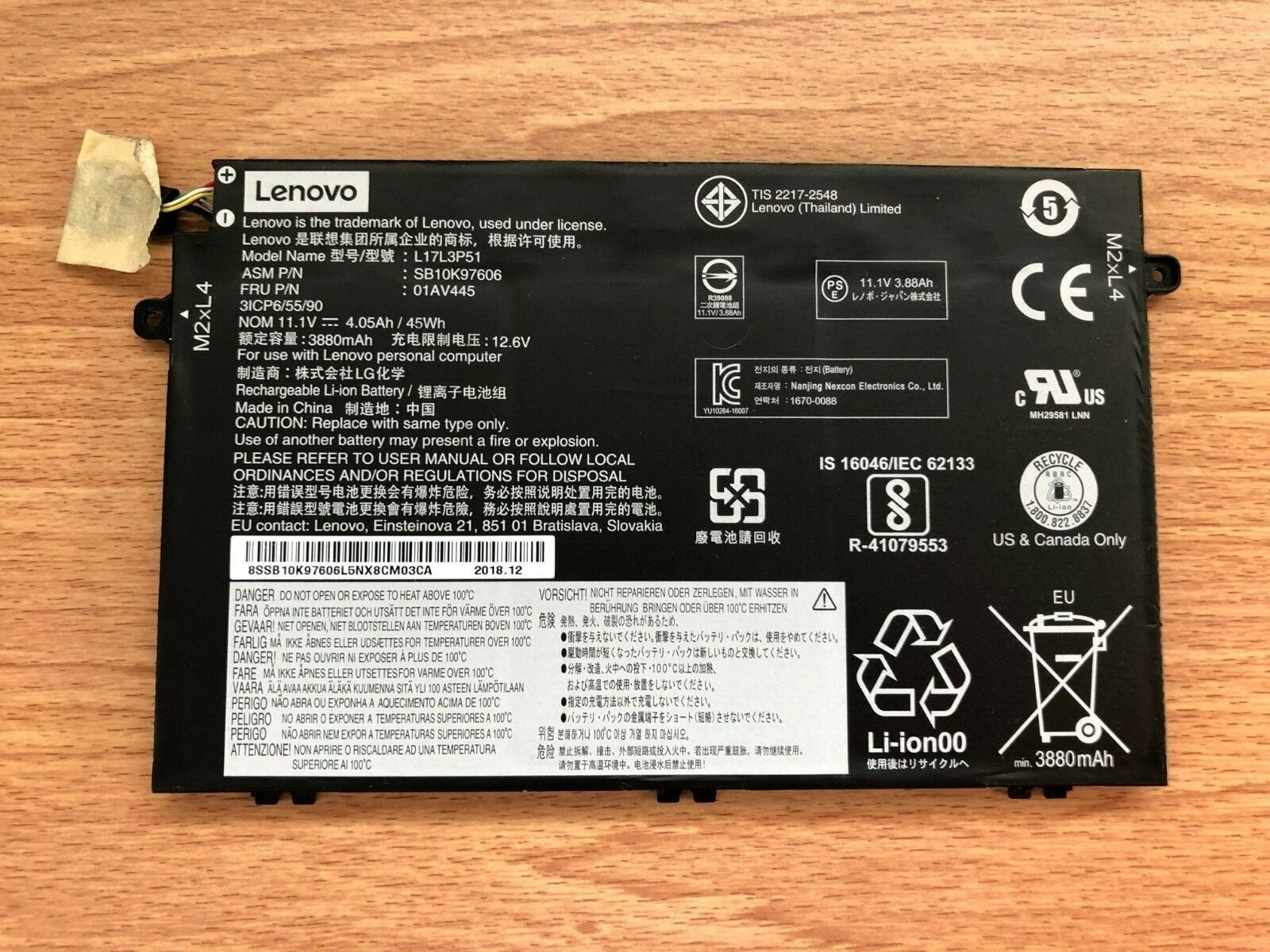 Genuine Lenovo ThinkPad E480 E590 Battery 11.1V 45Wh 3880mAh L17L3P51 01AV445