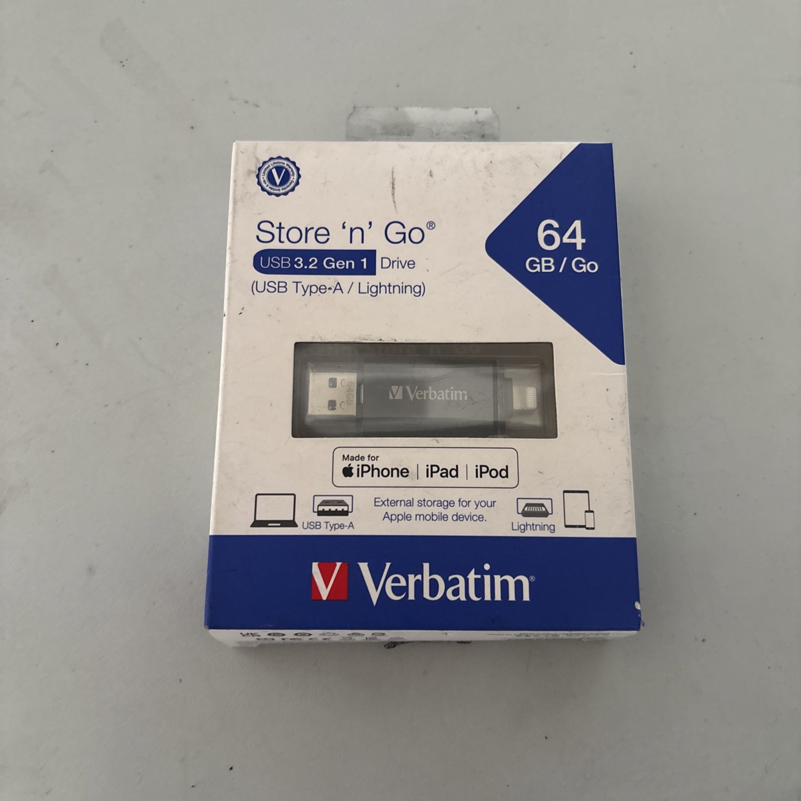 New Verbatim iStore 'n' Go Dual 64GB USB 3.0 Flash Drive (USB Type-A/Lightning)