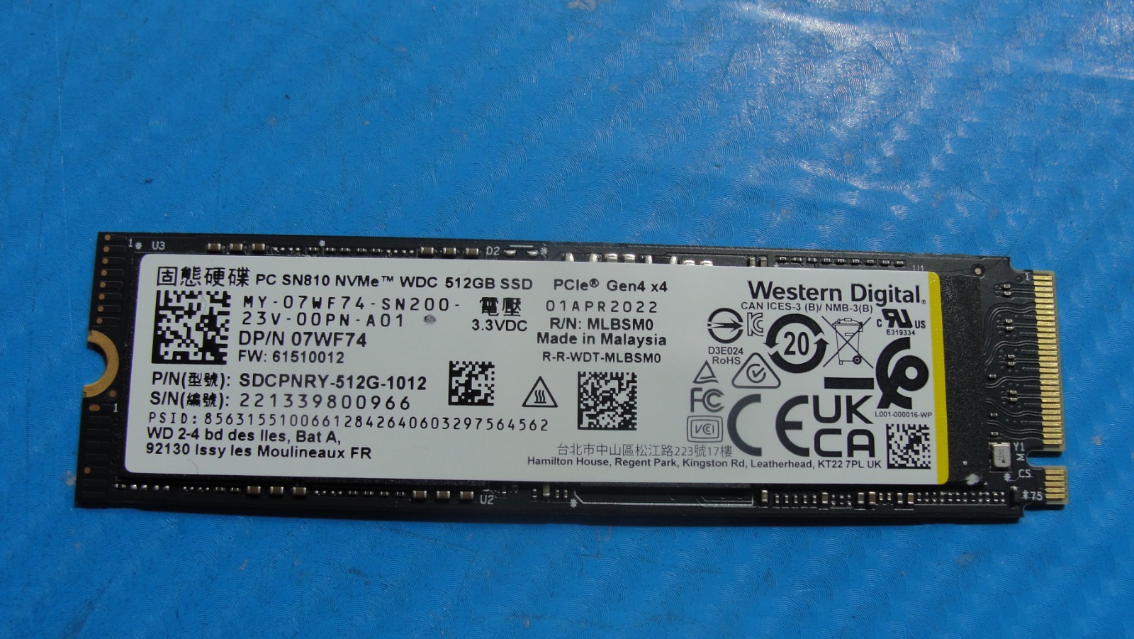 Dell 7430 Western Digital 512GB M.2 NVMe SSD SDCPNRY-512G-1012 7WF74