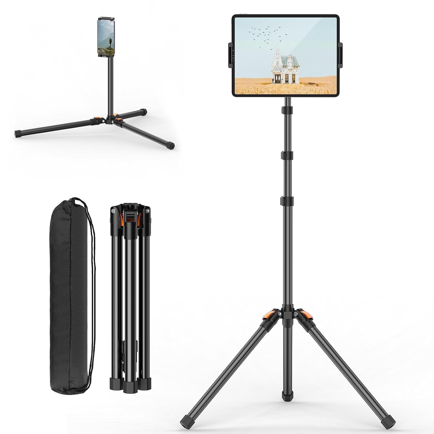 72in Tablet Floor Stand Tripod,Tablet Stand Floor with 360° Ball Head,Height Adj