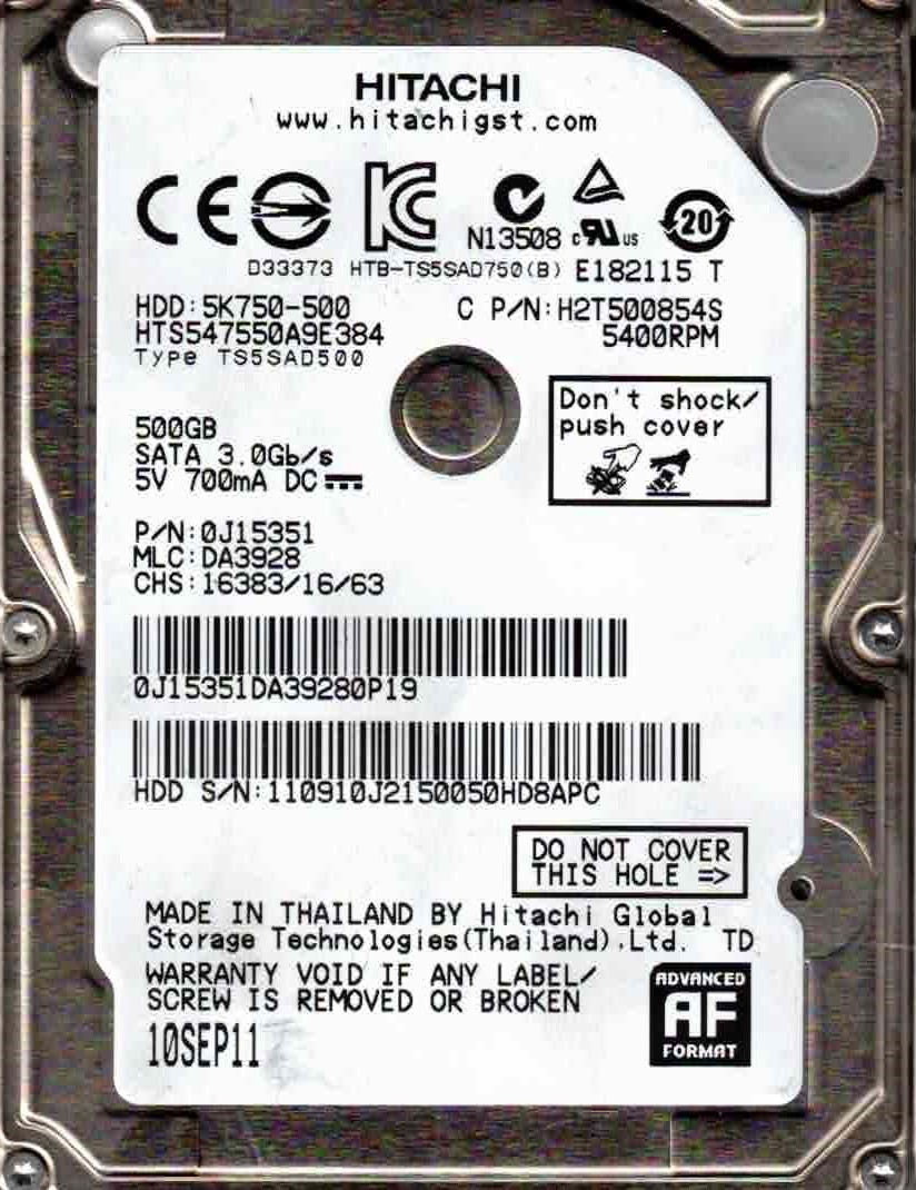 HTS547550A9E384,  DA3928, 0J15351,  Hitachi SATA 500GB  SEP 2011