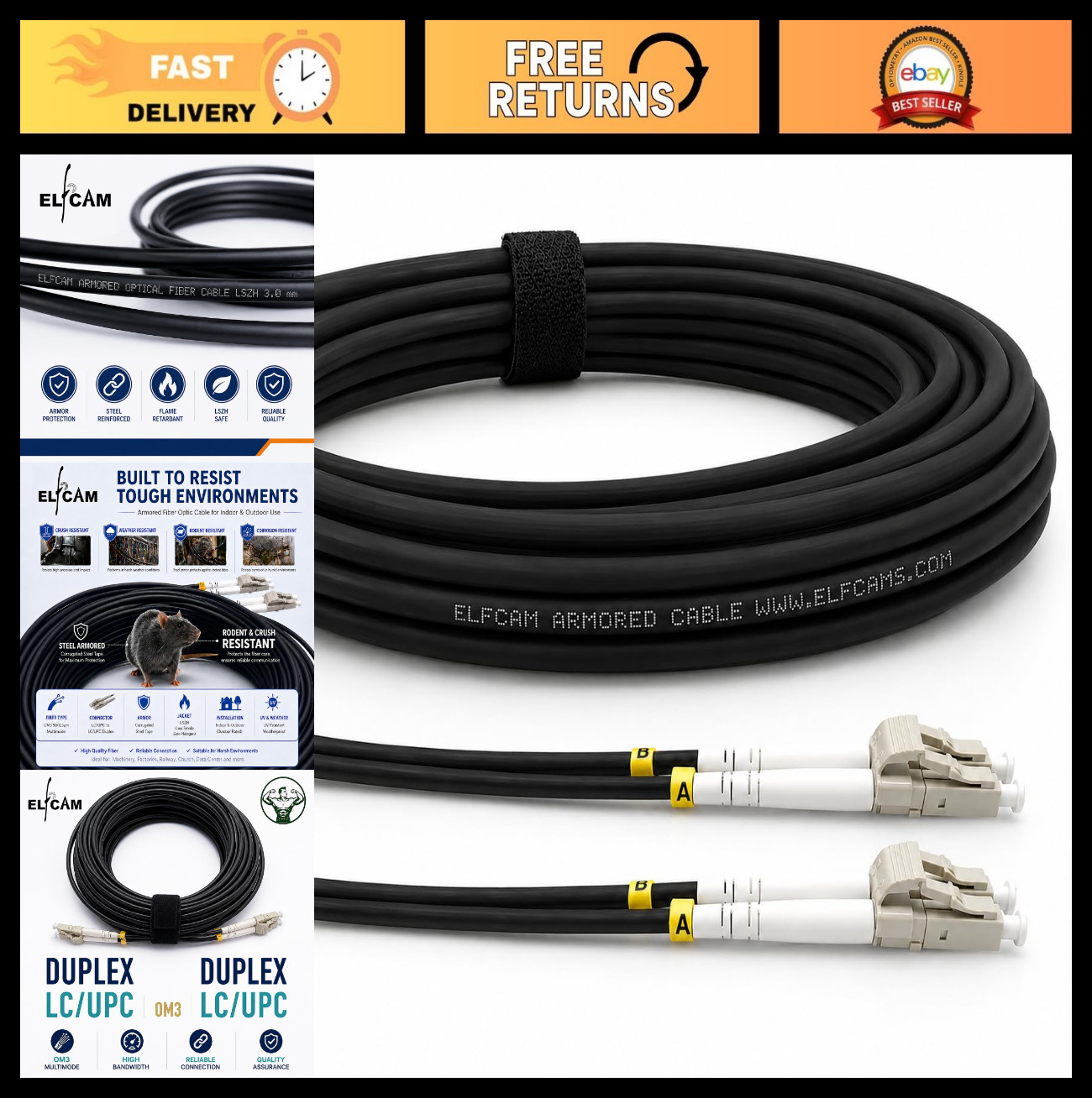 40m Armored Fiber Optic Cable LC/UPC Duplex OM3 50/125μm Indoor/Outdoor Black