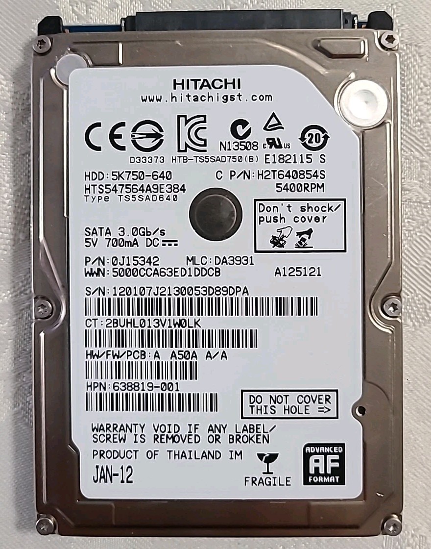 HITACHI 640GB 5400RPM SATA HDD HARD DRIVE 0J15342 HTS547564A9E384 5K750-640