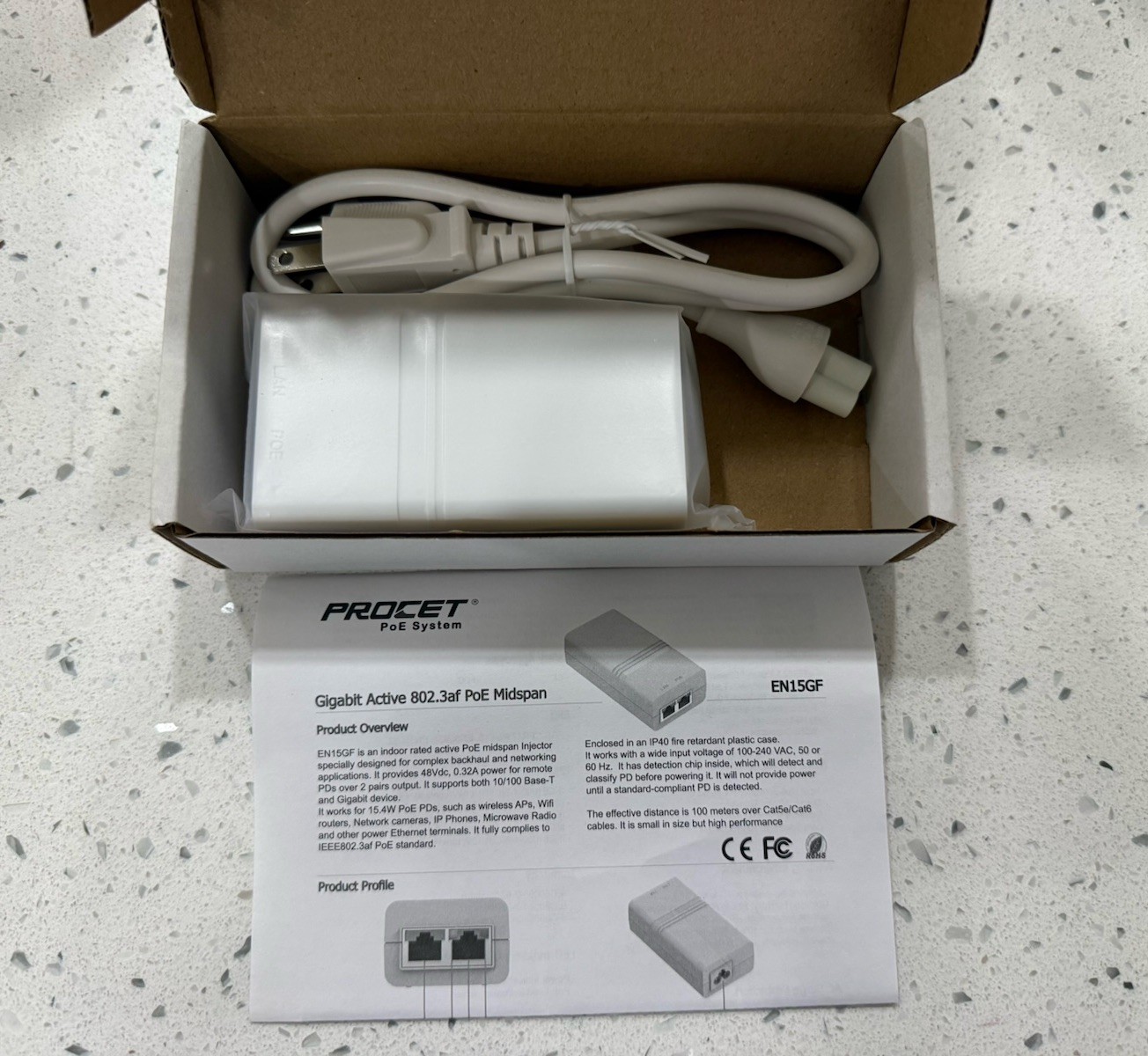 Procet EN15GF Gigabit Active 802.3af PoE Midspan Injector Network Power Supply