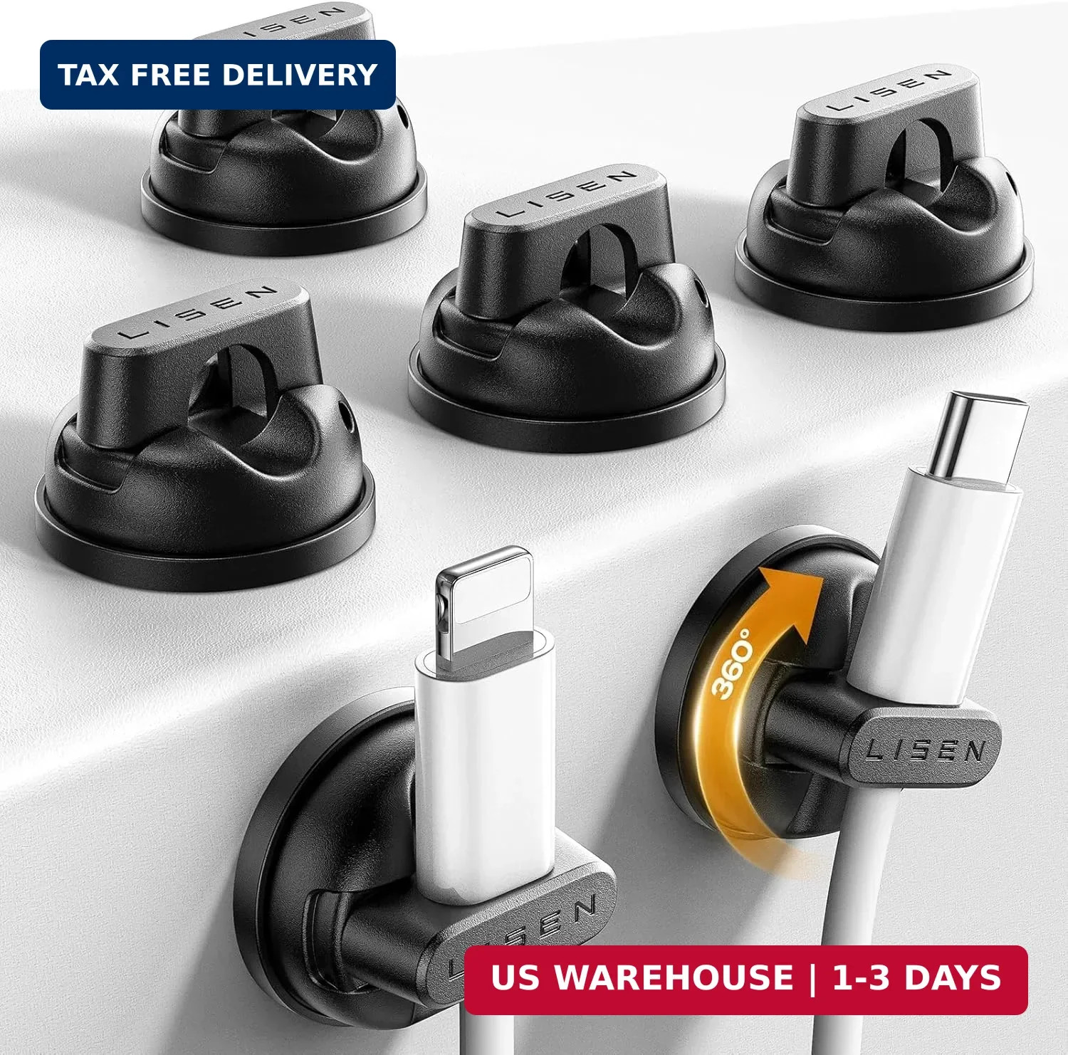 6-Pack 360°Rotating Cord Holder for Nightstand, LISEN Magnetic Clips | No-Residu