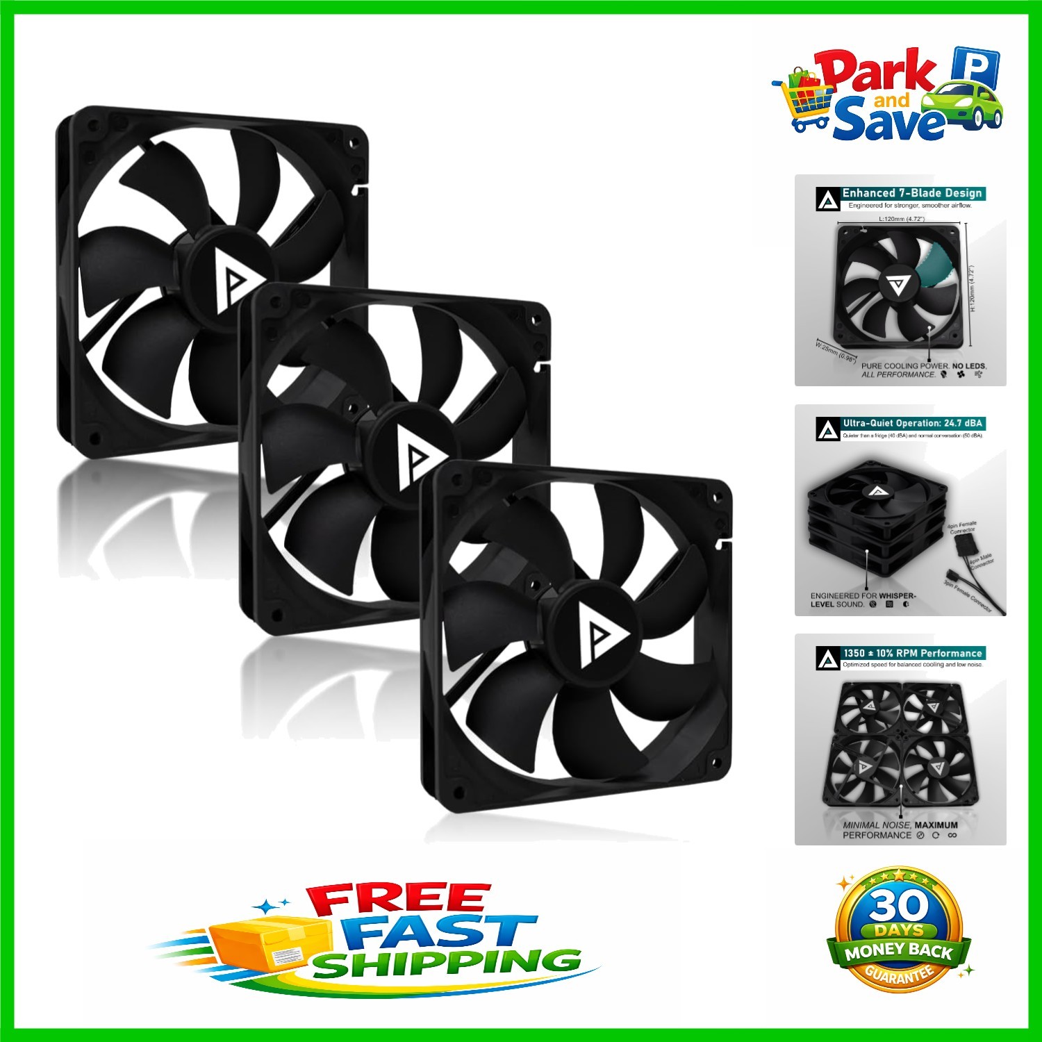 120mm High Airflow Silent Fans - 57.67 CFM Cooling, 24.7 dBA Noise Level
