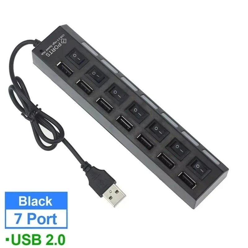 USB Hub 7 Port On/Off Switch High Speed Splitter AC Adapter Cable PC Laptop Lot