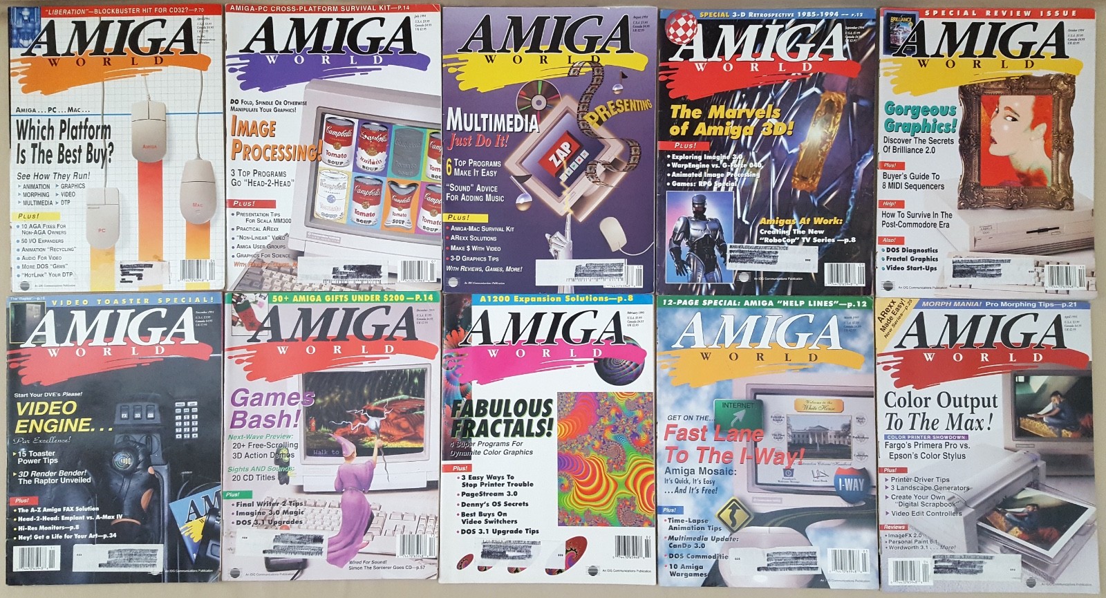 (10) Amiga World Magazines ©1994-95 for Commodore Amiga