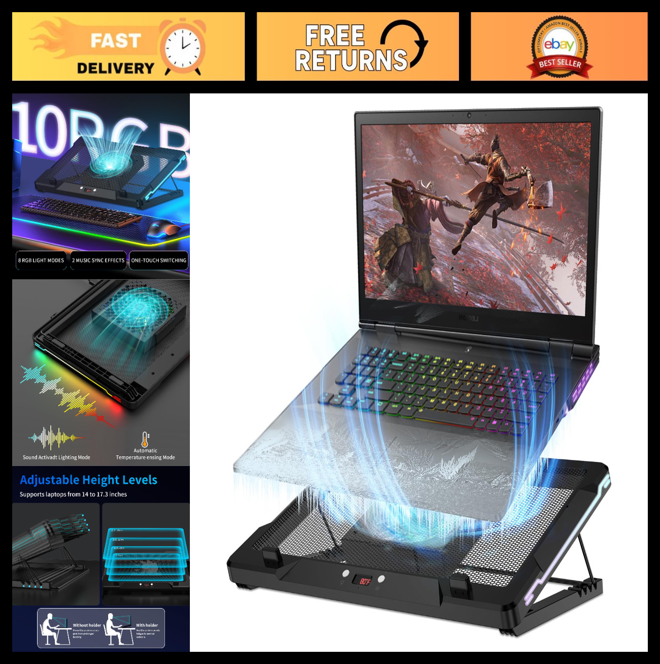 Laptop Cooling Pad with 5.5" Movable Fan, RGB Lights, Auto Temp Sensor, Ultra Qu