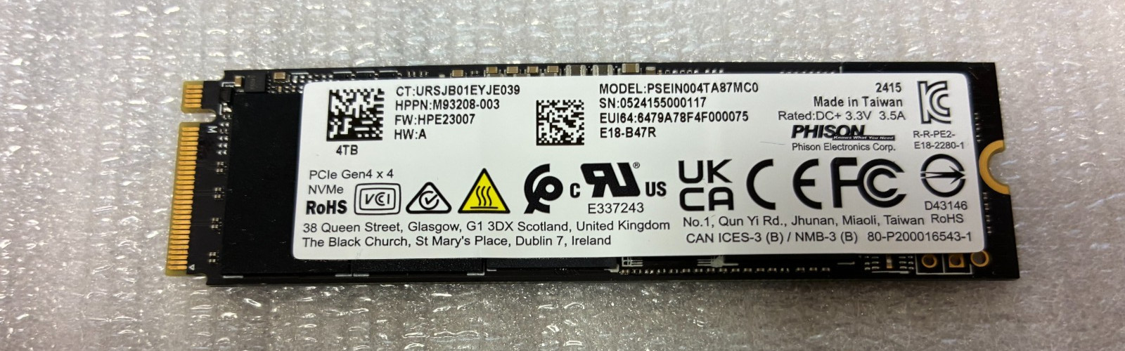 HP Phison 4TB M.2 NVMe SSD PCIe Gen 4x4 HP M93208-003 PSEIN004TA87MCO