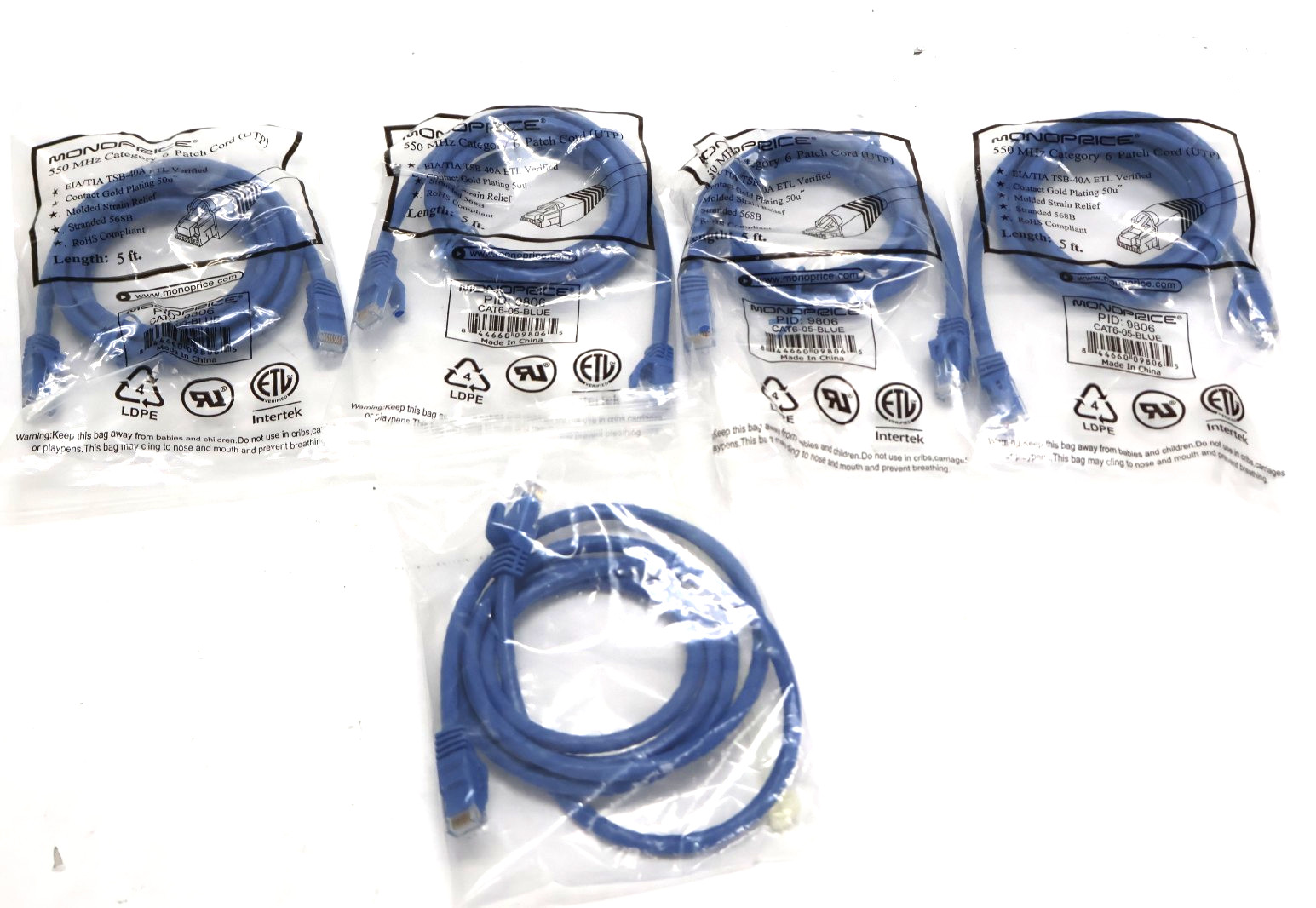 Lot of 5 Monoprice 9806 CAT6-05-BLUE Blue 5Ft Cat6 Ethernet Patch Cable NEW
