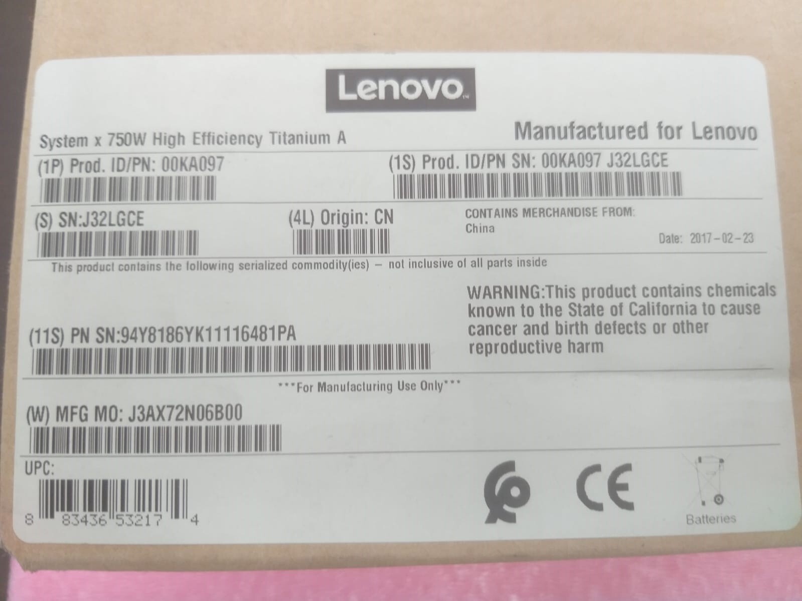 Lenovo 00KA097 Lenovo High Efficiency 750W Power Supply .94Y8186