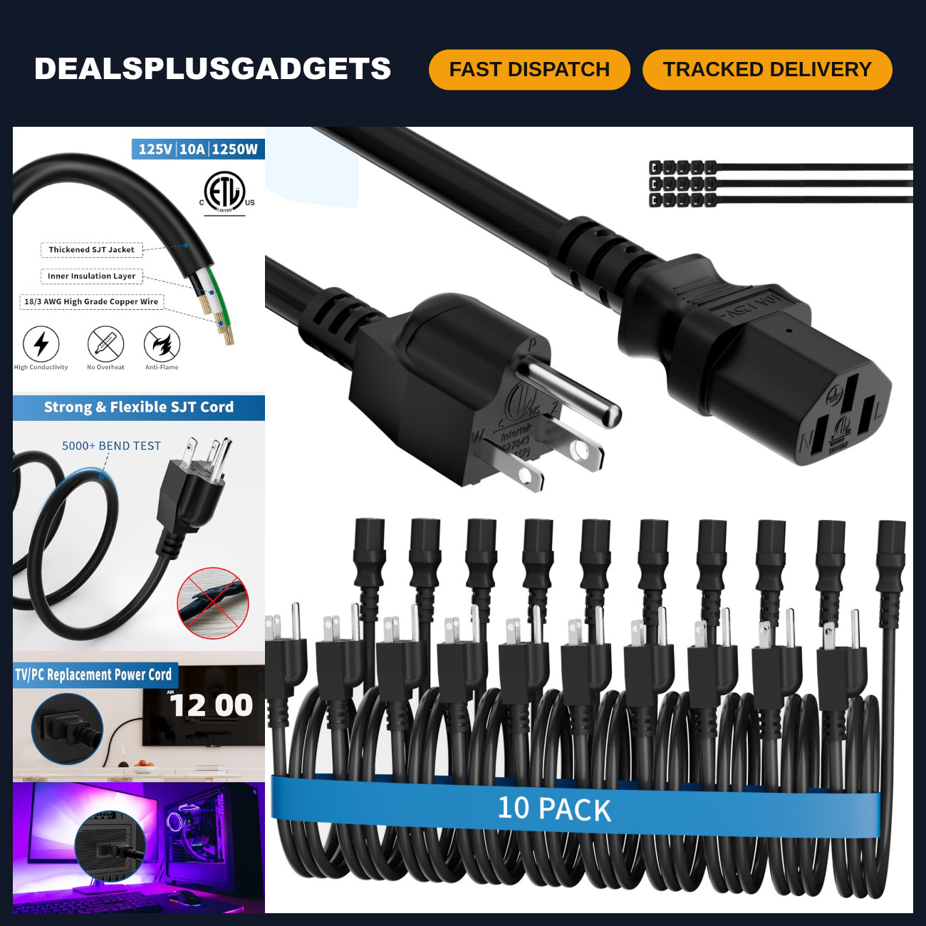 Universal 2 Ft Power Cord 10 Pack - 3-Prong AC Cable for Monitor, PC, Treadmill,