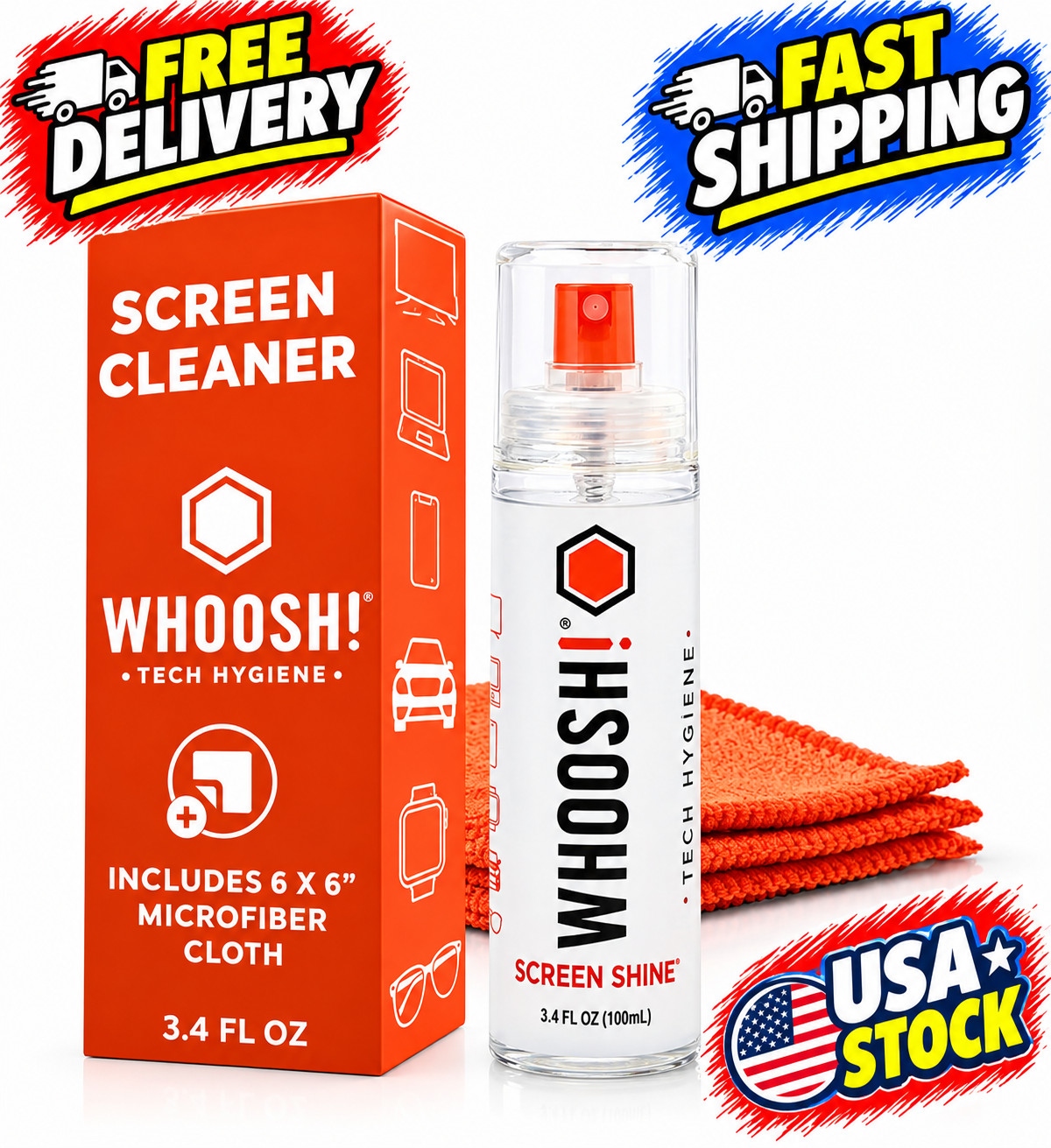 WHOOSH Screen Shine Go XL - 3.4 fl oz with Microfiber Cloth - Powerful Streak-F