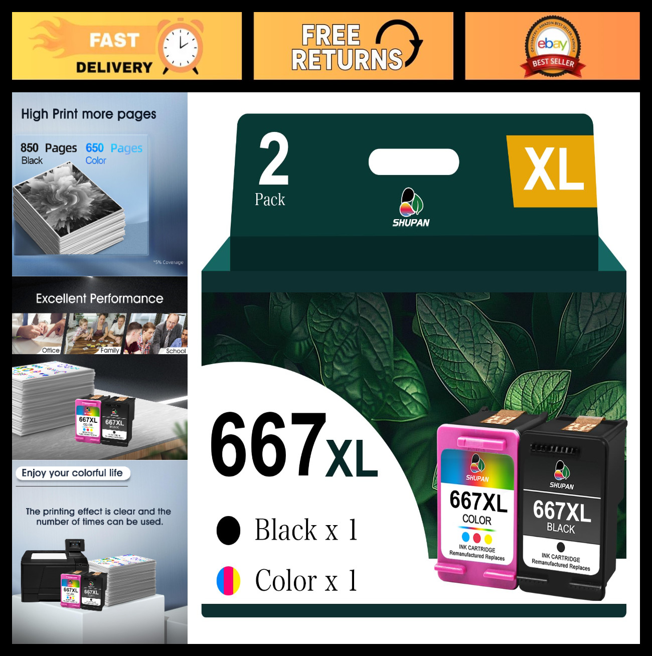 High-Capacity 667XL Ink Cartridges Combo Pack for HP DeskJet Printers - 1 Black,