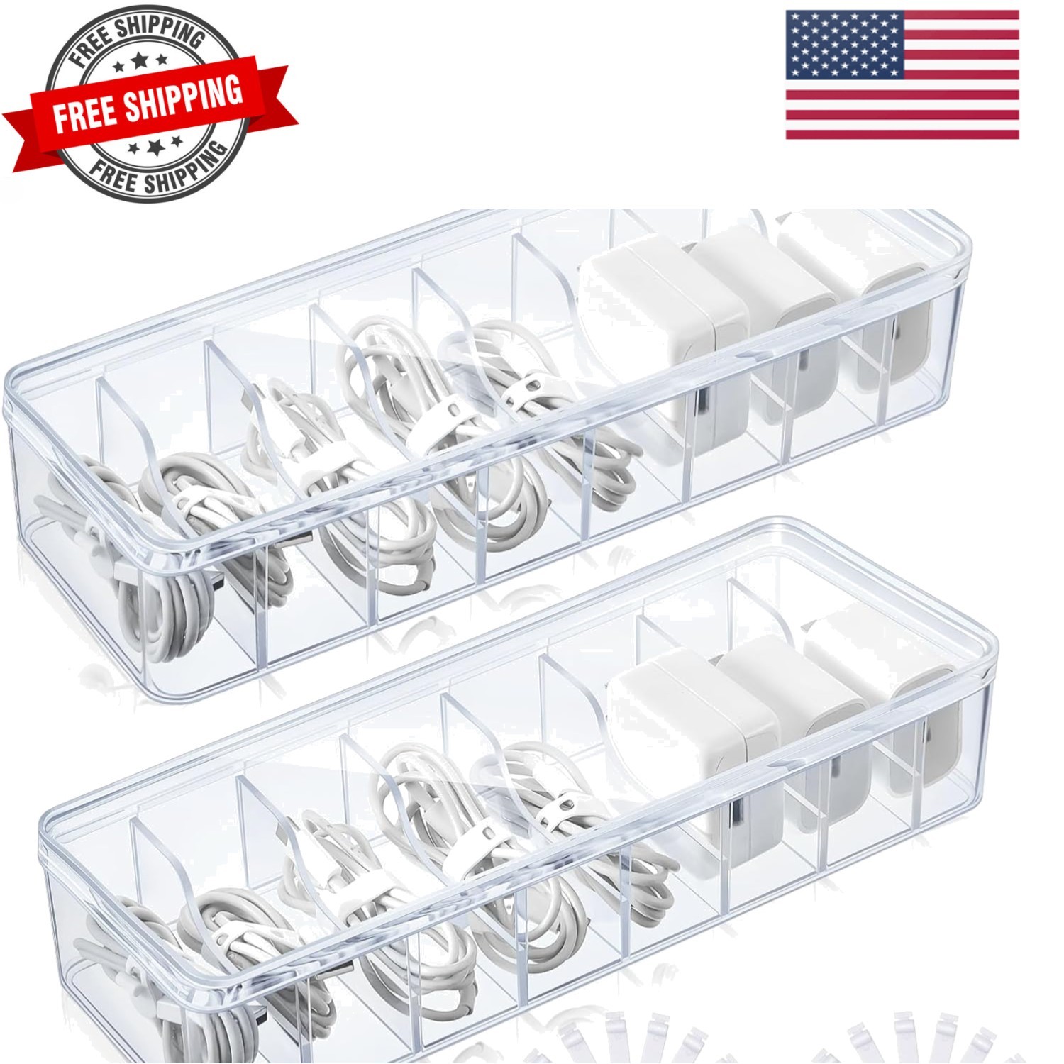 2 Pcs Cable Organizer Box with Wire Ties, Plastic Cord Storage Box with Lid, ...