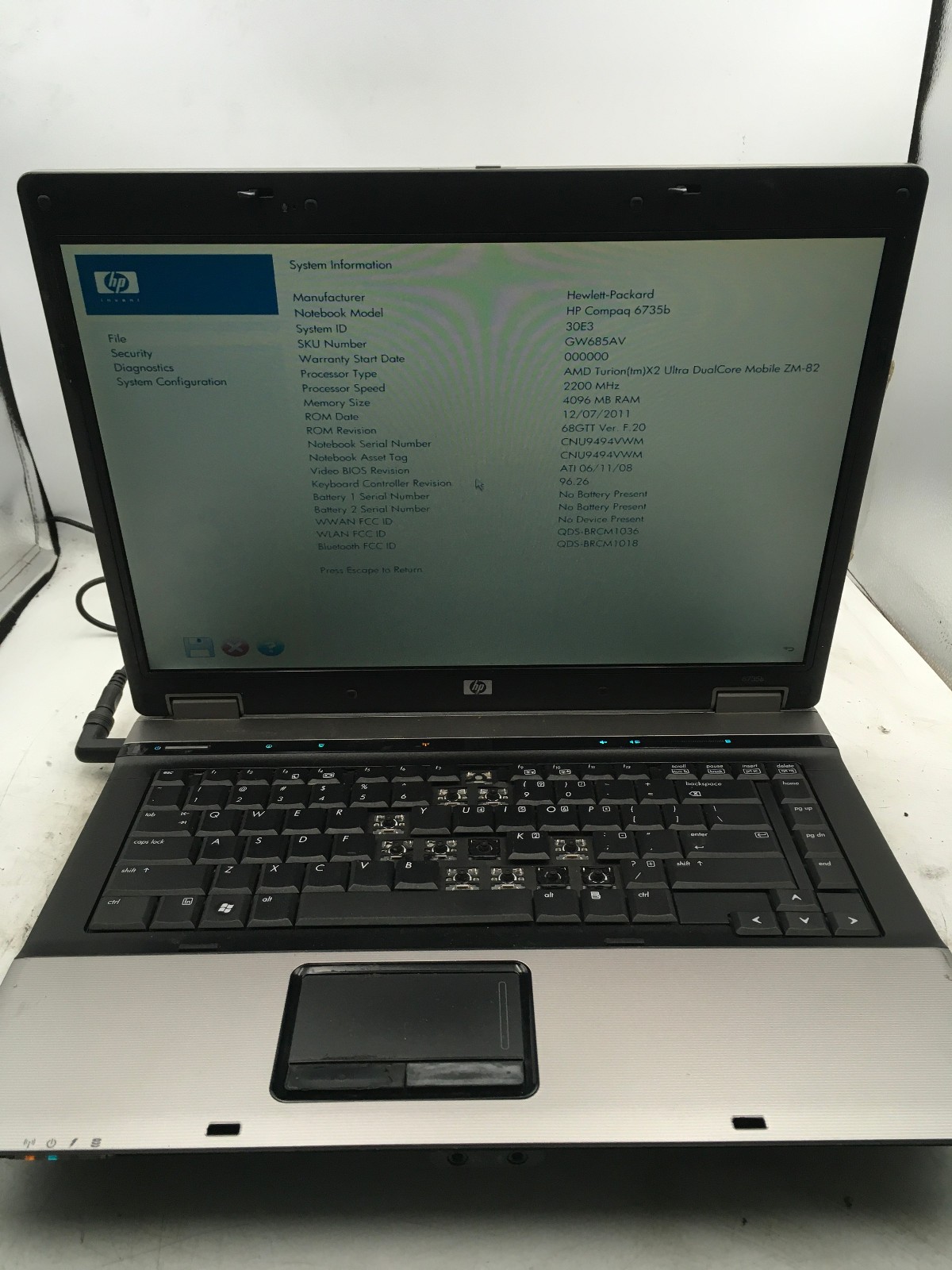 HP COMPAQ 6735B - BOOTS TO BIOS - AMD TURION X2 - 4GB RAM - 15" - READ DESC - BB