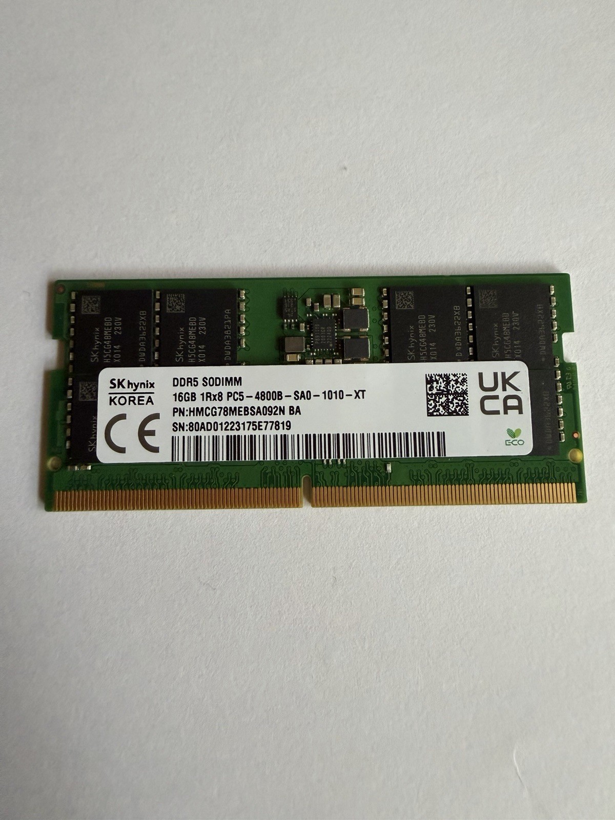 SK HYNIX 16GB DDR5 SODIMM 1Rx8 PC5-4800B-SA0-1010-XT HMCG78MEBSA092N BA