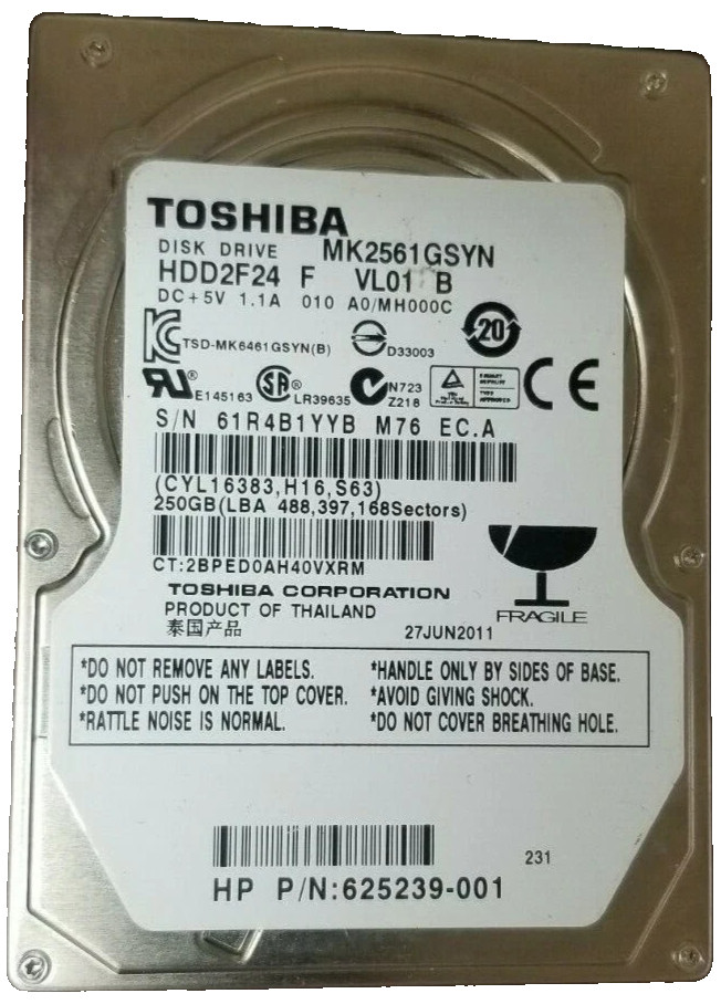Toshiba MK2561GSYN 2.5" 250GB SATA Laptop Drive 625239-001