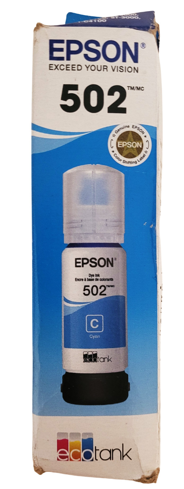 Epson 502 Cyan Dye Ink Bottle 70ml With Deformed Box Exp: 02-2030 04-2030