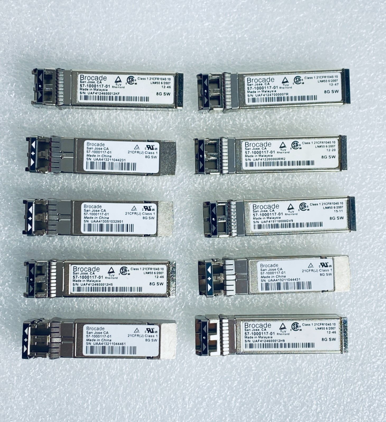 lot Of 10 - Brocade 8G SW SFP Transceivers, 57-1000117-01