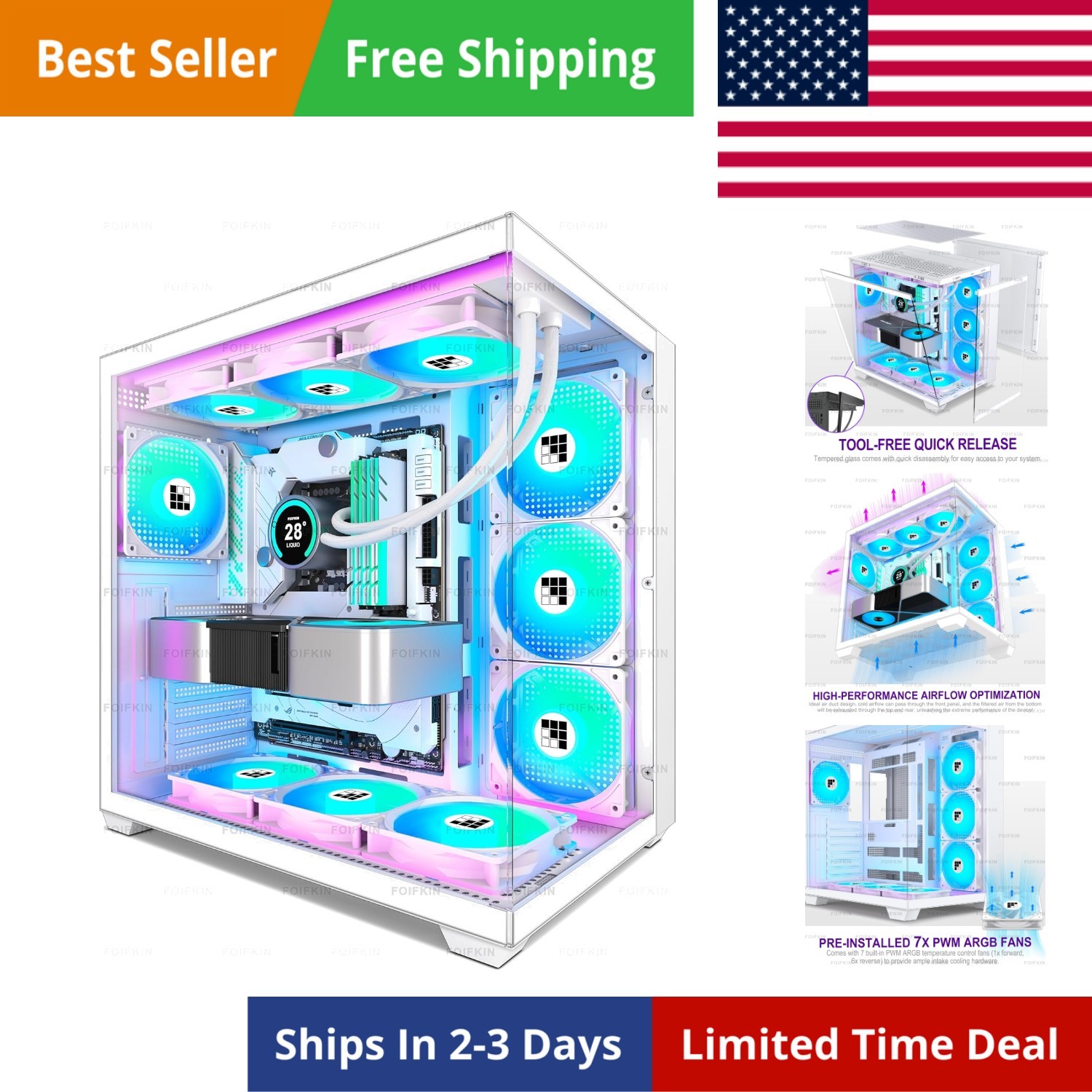 F600 PC Case - Pre-Installed 7 PWM ARGB Fan, ATX Mid-Tower Gaming PC Case, 27...