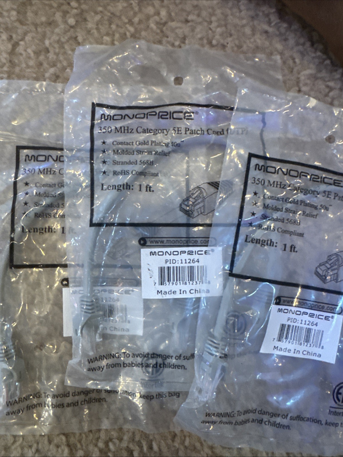 3x Monoprice CAT5e 1ft Grey/Black