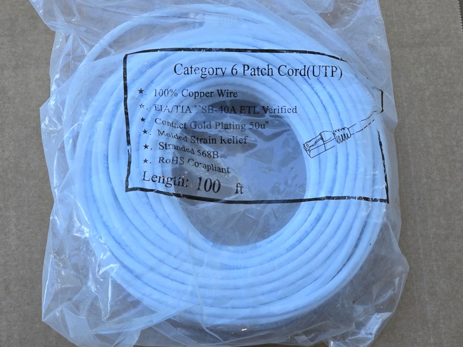 100ft CAT6 Patch Cord UTP 100% Copper Gold Plate Connectors | Qty 2x = 200ft