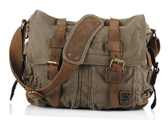 Vintage Military Leather Canvas Laptop Bag Messenger Medium--15‘’ Army Green
