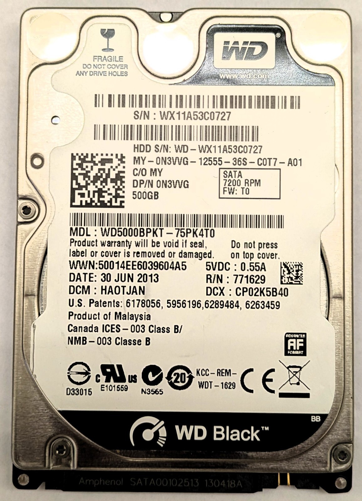 Western Digital WD Black 500GB 2.5" Laptop Hard Drive SATA 7200 RPM WD5000BPKT