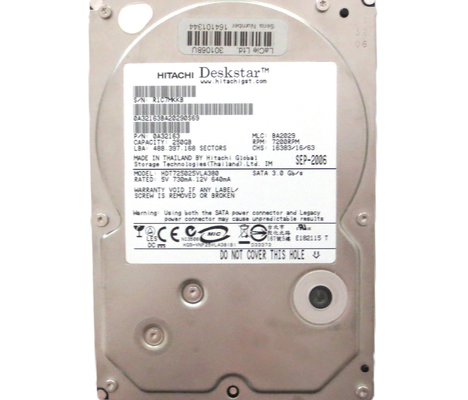 Hitachi HDT725025VLA380 0A32163 BA2029 (R1C) Thailand 250gb Sata HDD SEP-2006