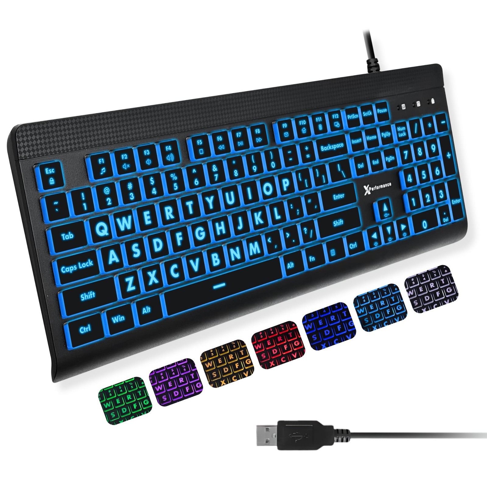 X9 Large Print Backlit Computer Keyboard 7 Color LED Big Letters USB Wired PC