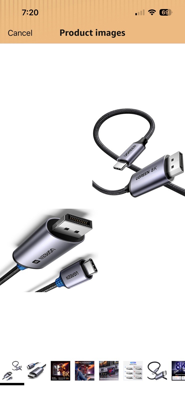 USB C to DisplayPort 1.4 Cable 8K@60Hz 4K@240Hz Unidirectional Thunderbolt 4/3