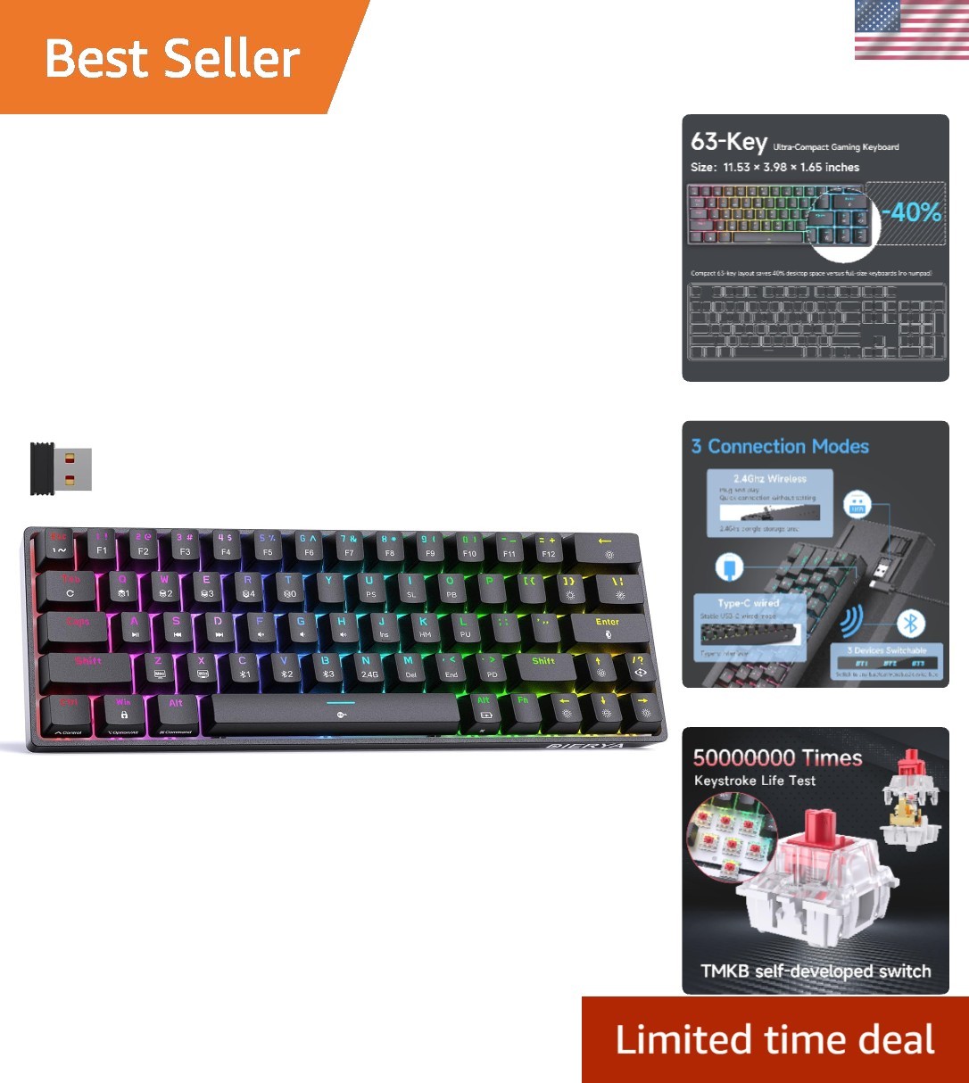 DK63 60% Wireless Mechanical Gaming Keyboard | Bluetooth/2.4G/Wired | RGB Bac...