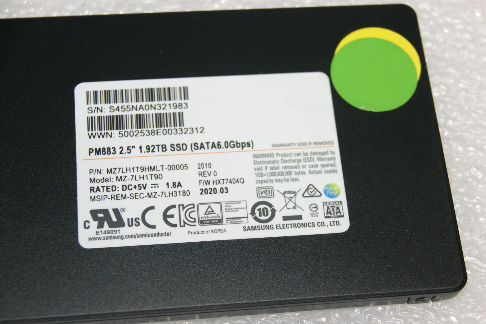 Samsung 1.92TB PM883 SSD 2.5" SATA MZ-7LH1T90 MZ7LH1T9HMLT 96%+ Health