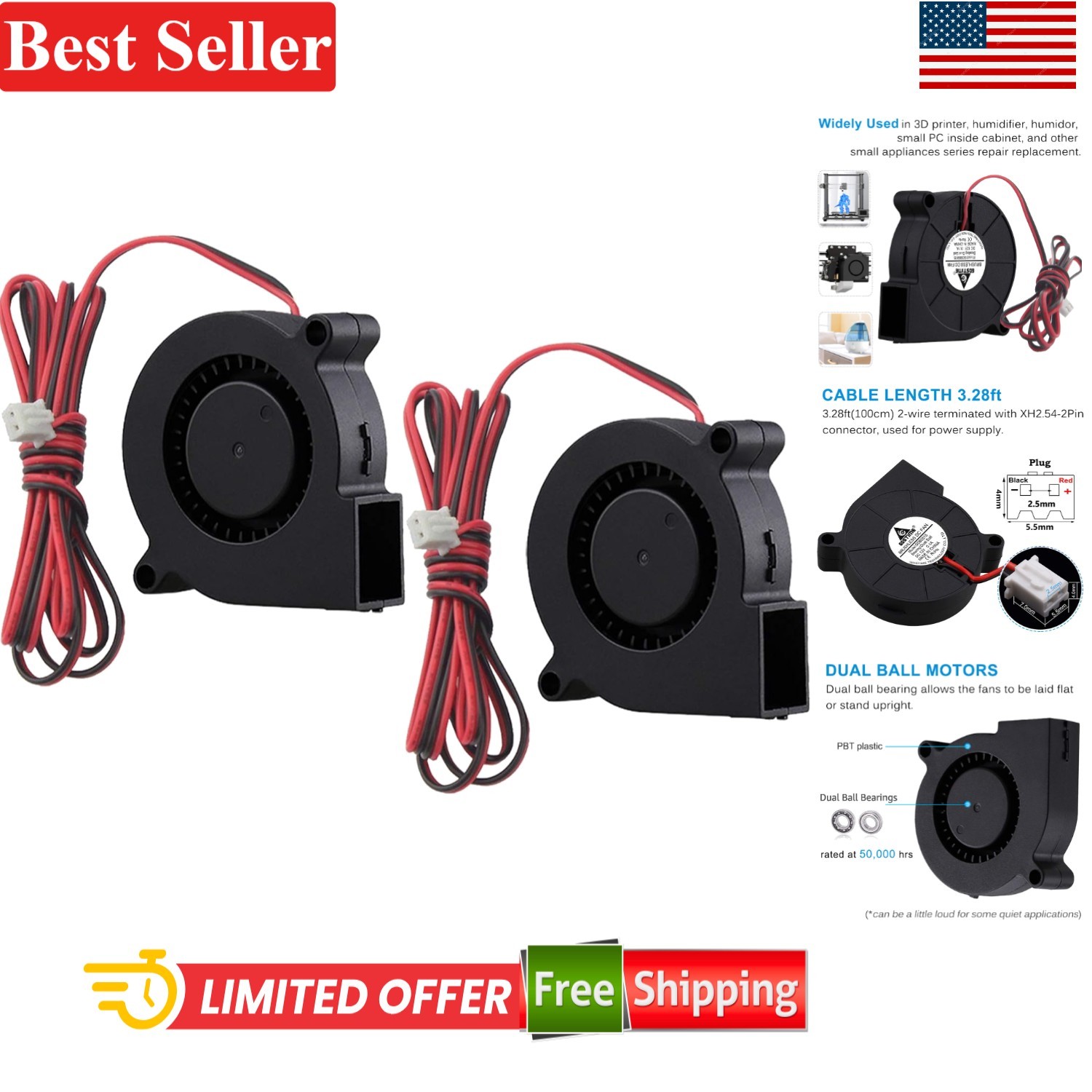 50mm 5015 Blower Fan 12V 2-Pack for 3D Printer Humidifier PC Cooling