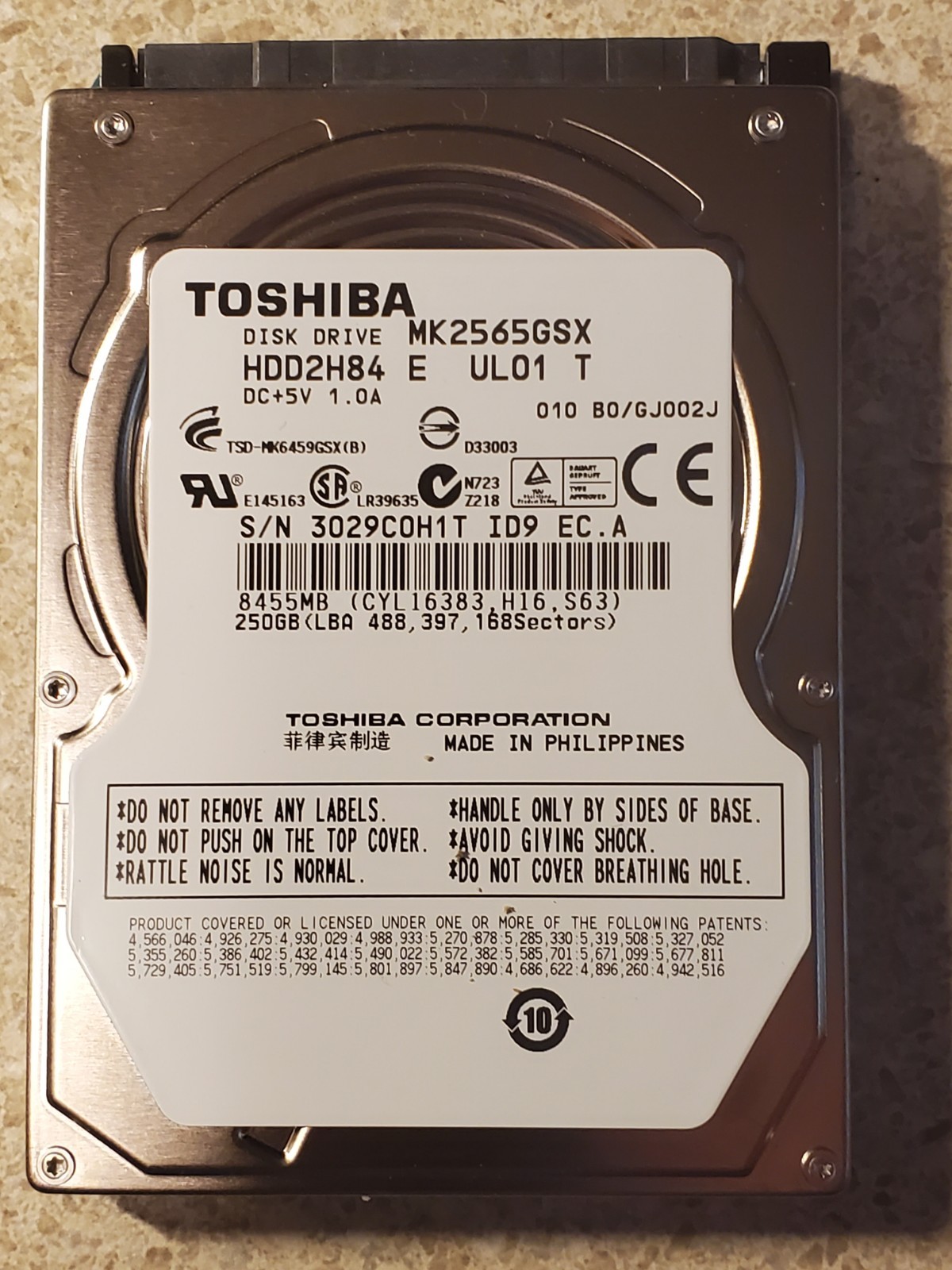 Toshiba MK2565GSX HDD2H84 250GB 2.5" SATA Laptop Hard Drive – Wiped & Tested