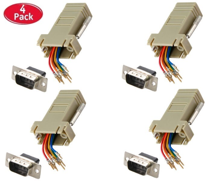 4 Pack - DB9 Male to RJ45 Modular Extender Converter 8P8C Adapter Connector v2